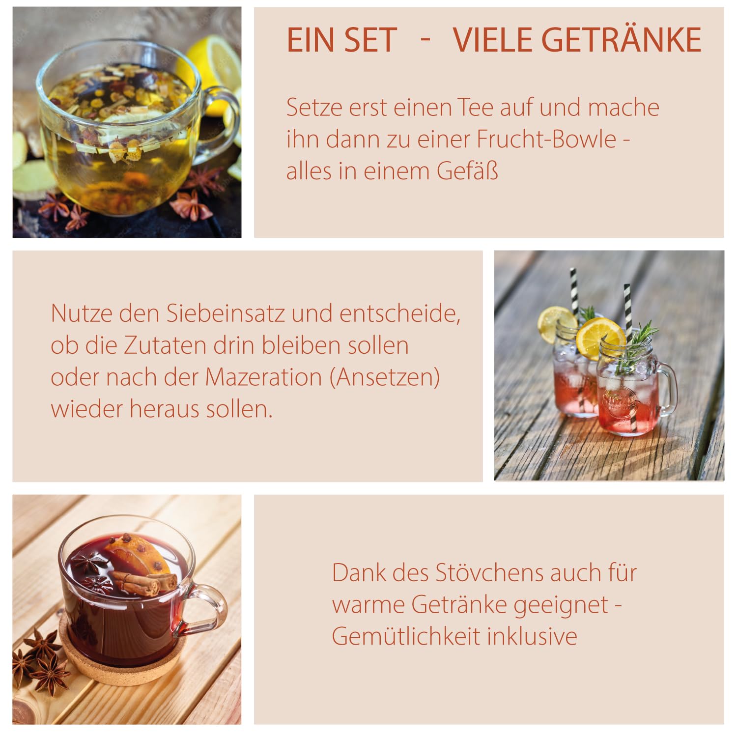 lieb&lecker - Teekanne mit Stövchen + Bowleset + Siebeinsatz - 1500ml Bowlegefäß aus Borosilikatglas, Inkl. Edelstahlkelle, 4x Pikser, Insektenschutz, 2x Rezepte - auch Cocktails + Punschgefäß