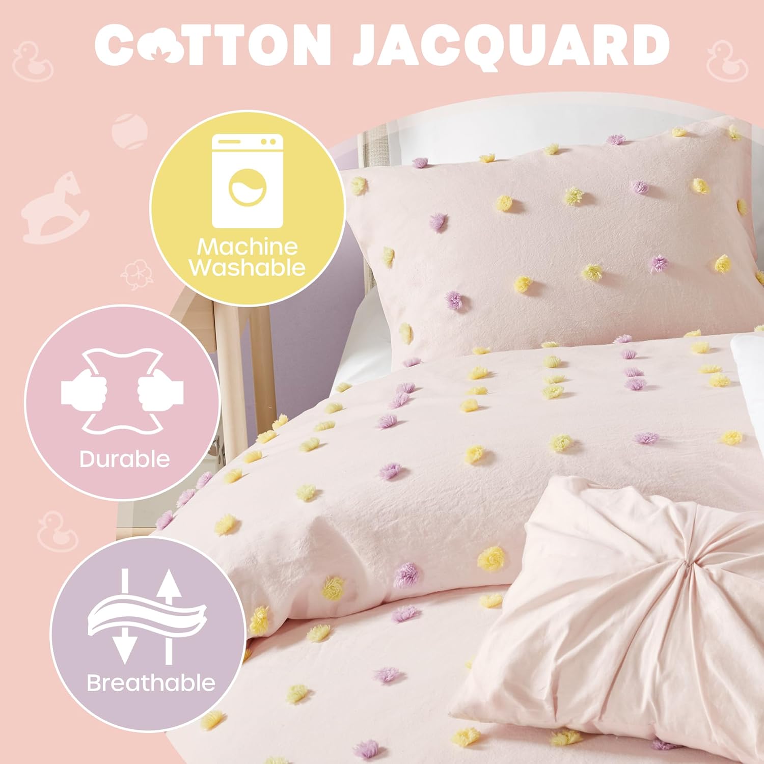 Intelligent Design Kids Twin Cotton Jacquard Weave Colorful Pom Pom Kids Comforter Sets, Down Alternative Shabby Chic All Season Girls Bedding, Bedroom Decor, Callie, Twin/Twin XL Pink 4 Piece - Image 3