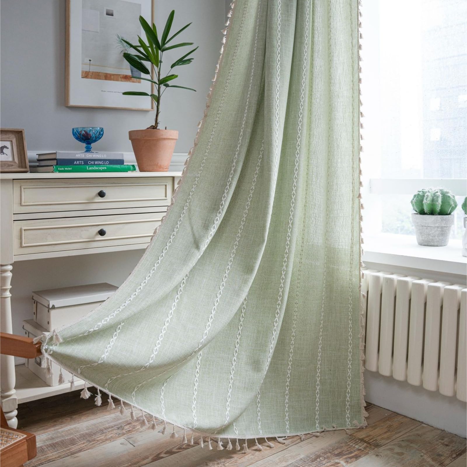 USTIDE Boho Curtains for Bedroom Living Room 84 Inches Long Soft Cotton Linen Embroidery Window Curtain Panel Farmhouse Semi Blackout Curtains with Tassel 1 Panel 52" W x 84" L - Image 4
