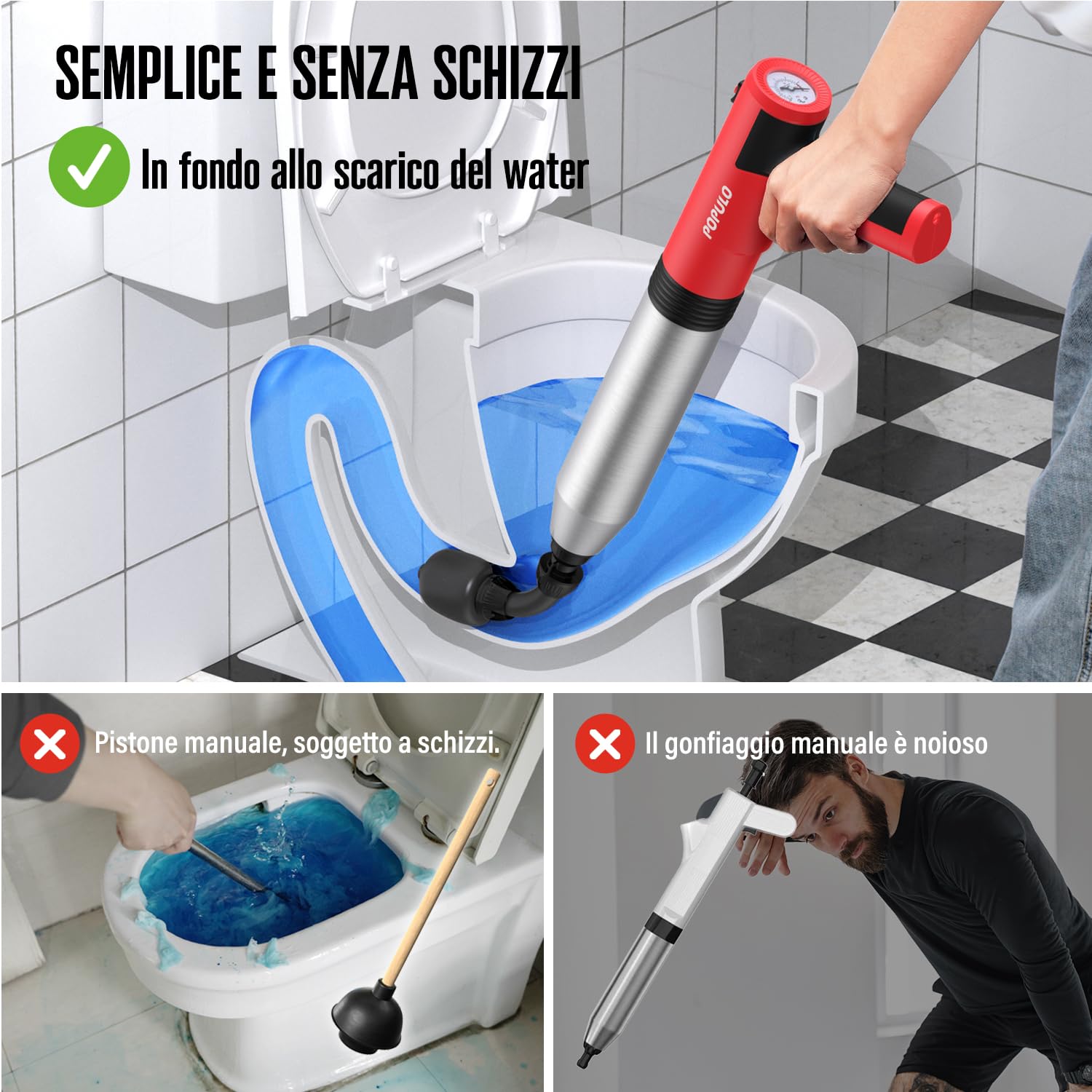 POPULO Stantuffo elettrico per WC Swift, ad alta pressione, per bagno, pavimenti, doccia, resistente, versatile, per la rimozione degli intasamenti del WC domestico