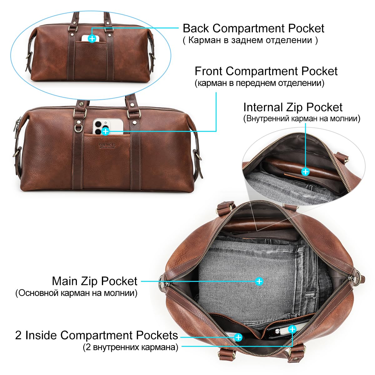 Contacts Bolsa de viaje de cuero para hombre, bolsa de viaje de cuero para fin de semana, bolsa de noche, bolsa grande para gimnasio, deportes, bolsa de transporte