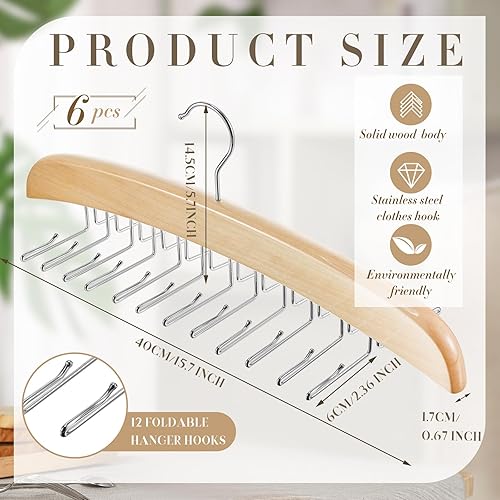 Miniatura 2 de 6 ganchos de madera para atar con 24 ganchos de metal que ahorran espacio, colgador de corbata giratorio de 360 grados, organizador de brasieres