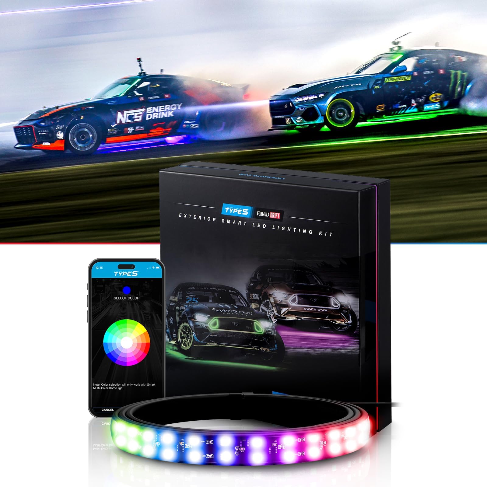 TYPE S TOURING ITEMS Automotive Neon Accent Light Kit, Formula Drift Pro Series Smart LED Exterior Light Kit with App Control, Professional Grade Lights Underglow Kit for Car, 4 Mulitcolor RGB Strips