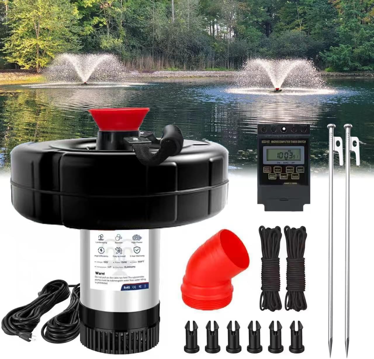 Pond Fountain Aerator 750W -Pond Fountain -1HP 15000 GPH Floating Aerator Pump-100ft Power Cord-2×Metal Ground Stakes-33x2Ft Traction Rope -Pond aerators for Outdoor Ponds