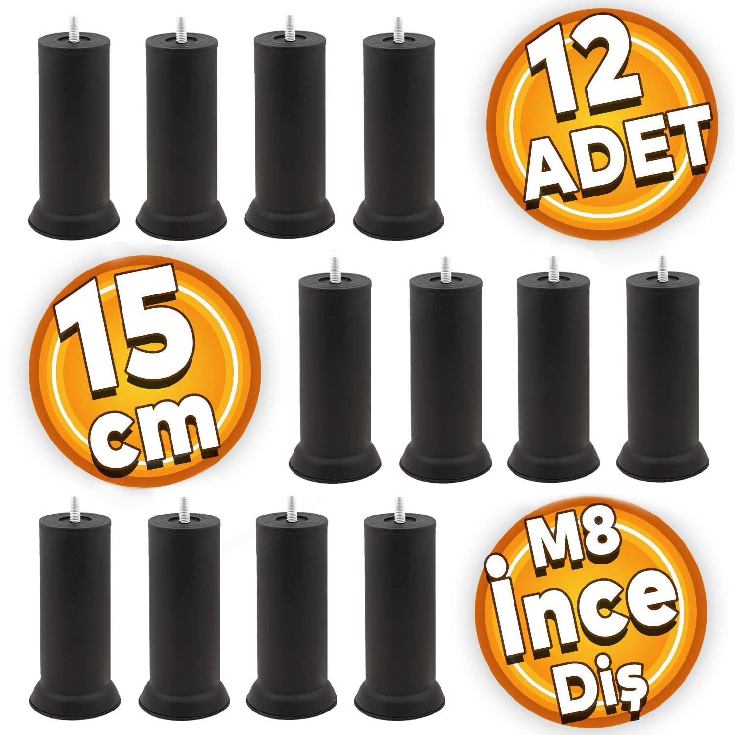 Badem10 Mobilya Baza Metal Kanepe Koltuk Destek Ayağı M8 Civatalı İnce Diş Siyah Ayak 15 cm (12 ADET)