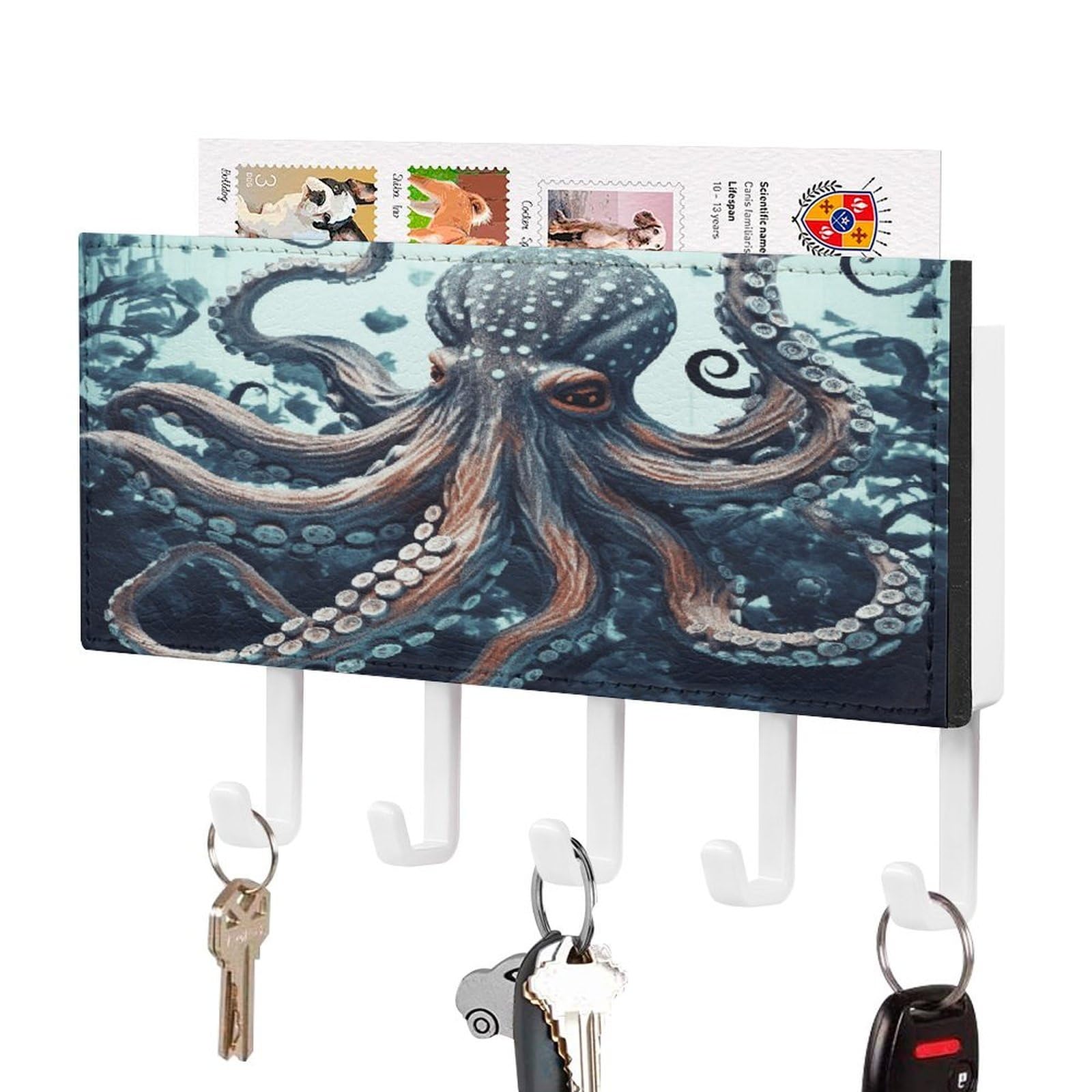 FekiLoot Cool Octopus Key Holder Wall Mount Key Hanger with 5 Hooks Decorative Key Rack Hanging Key Hooks with Mail Organizer Key Holder for Wall Living Room Kitchen Bathroom Hallway White