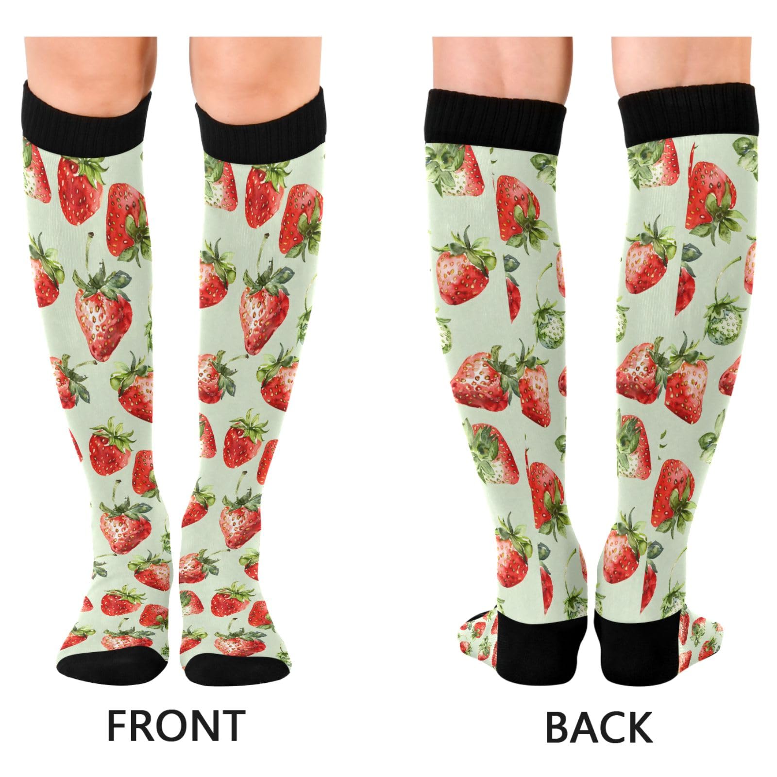 ALAZA Athletic Compression Socks Knee High Socks Stockings for Women Strawberries Light Green Running Circulation Sport Football