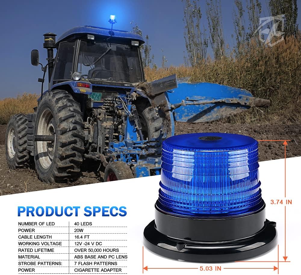 Xprite Blue LED Rooftop Beacon Strobe Light w/Magnetic Base Warning Safety Police Flashing Lights for Law Enforcement Vehicles Forklift Trucks Golf Carts UTV ATV Snowplows Firefighters Volunteer EMS