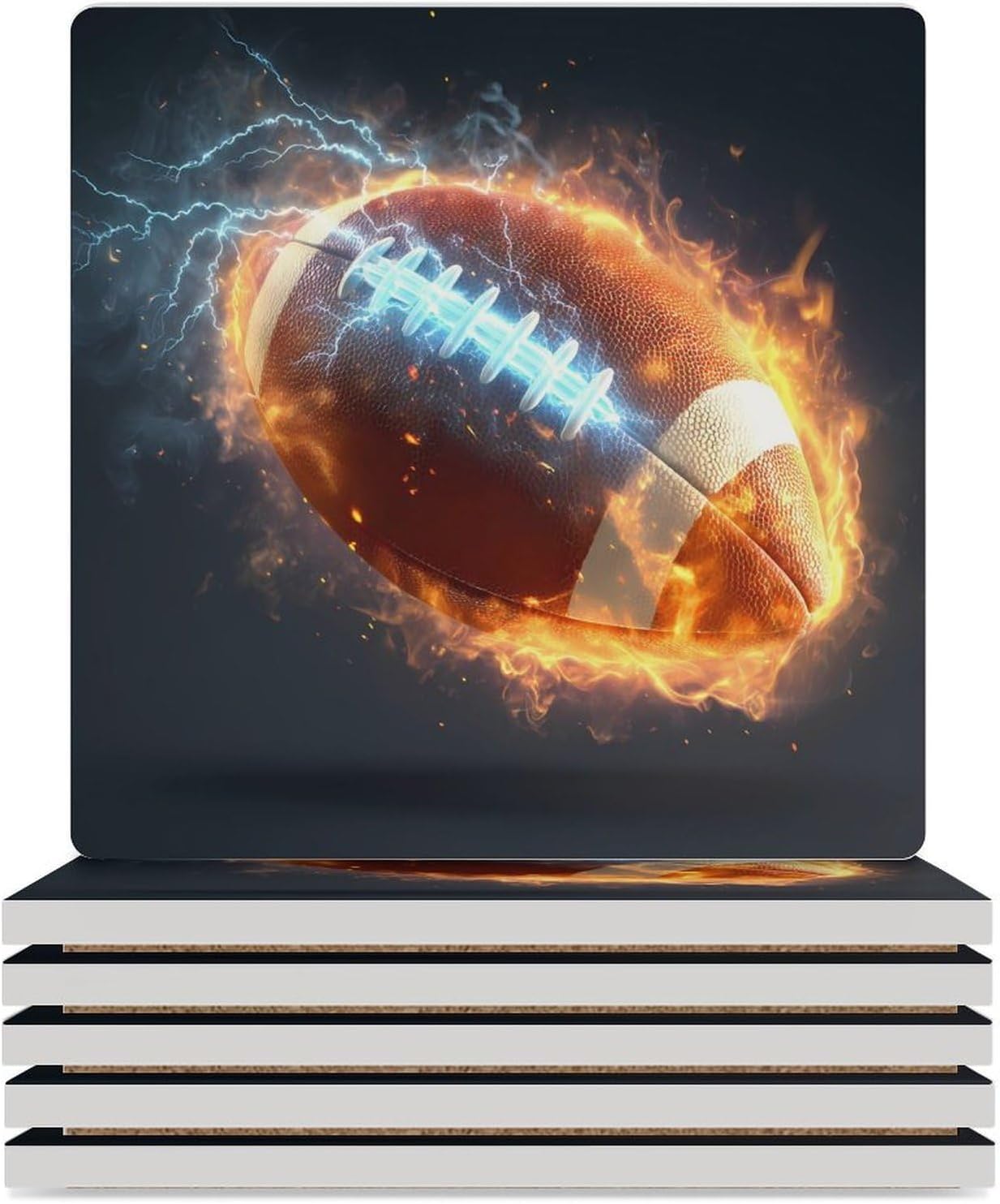 Fire Thunder Football Coaster for Drinks Square Ceramic Table Coasters Stone Mat Crafts 6PCS Home Kitchen Decor