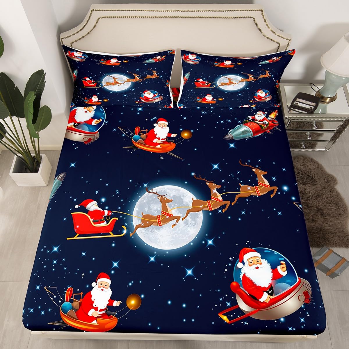 Christmas Fitted Sheet Single Size, Galaxy Santa Claus Reindeer Rocket Bed Cover with 1 Pillowcase