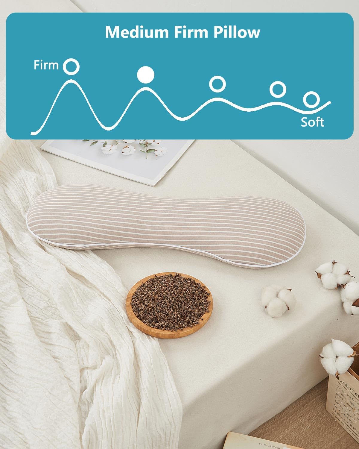 Adjustable Cervical Buckwheat Pillow for Neck Support and Pain Relief – Breathable Cylinder Bolster with Custom Comfort, Striped Cover (19.6"x7.8"), Khaki