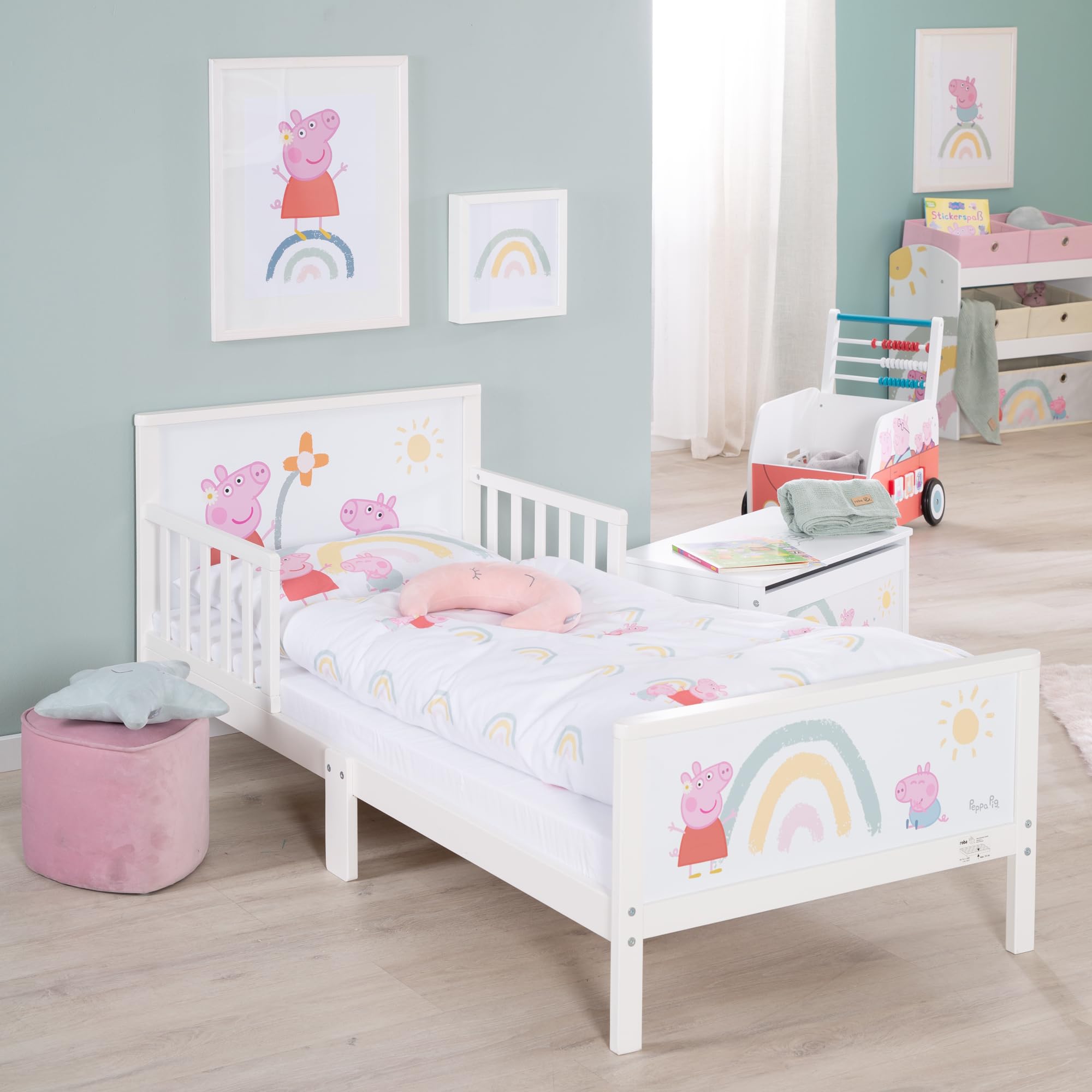 roba Cama Infantil Montessori Peppa Pig 70 x 140 cm para Niños + Somier y Ropa de Cama - Utilizable hasta 7 Años - Blanco/Diseño de Cerda