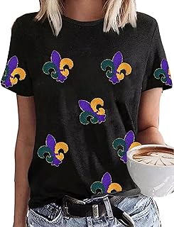 Mardi Shirt for Women Glitter Mask Graphic Tee Short Sleeve Carnival New Orleans Party
