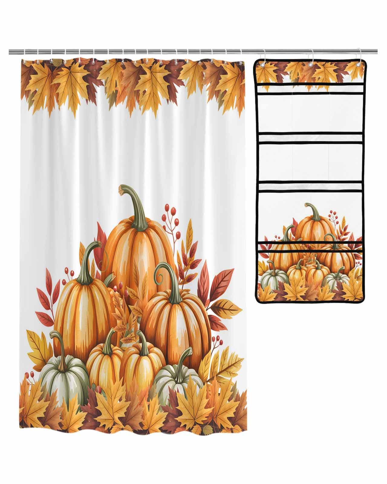 Shower Curtain Mesh Shower Organizer Hanging Set Fall Thanksgiving Pumpkin Watercolor Botanical Maple Leaves Waterproof Shower Curtains with