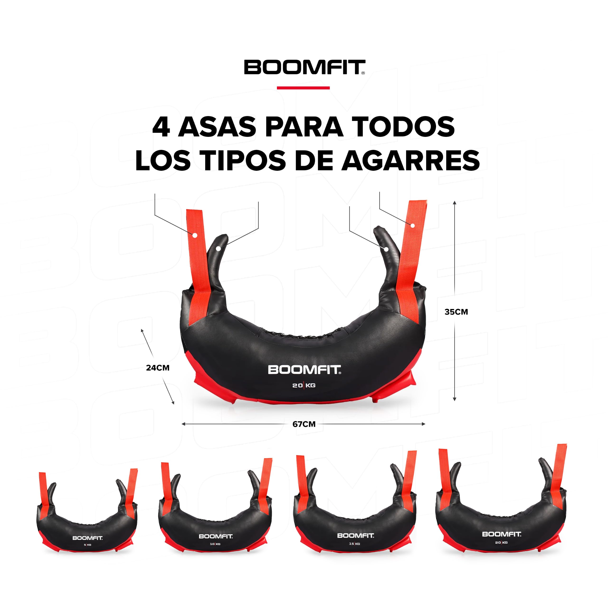 BOOMFIT Saco Búlgaro Bulgarian Bag Forma Herradura 4 Asas Crossfit 5-20 kg | Para Spins, Halos, Around the World, Bear Hug y Snatch rotacional | Trabaja core, hombros, trapecios y agarre con torsión