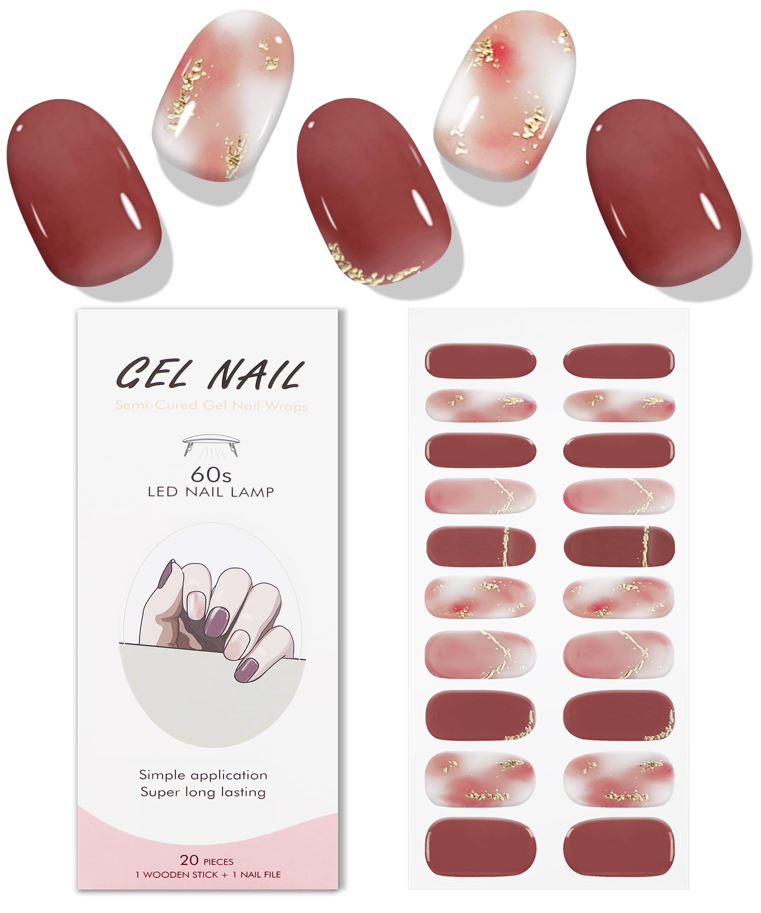 JMEOWIO Gel Nail Stickers Red French Tip Semi Cured Gel Nail Strips Wraps UV/LED Nails Art Design Decoration Accessories