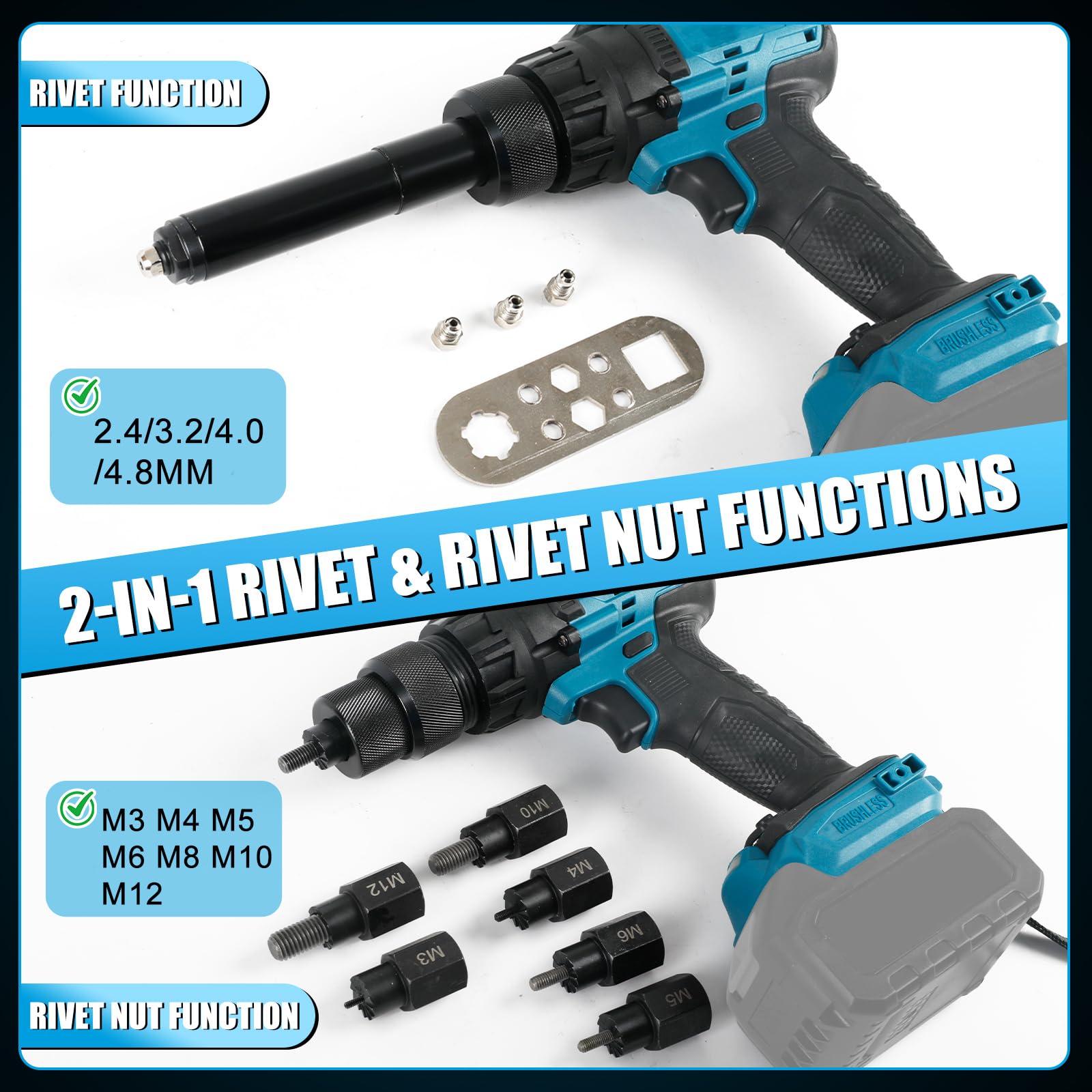 Remachadora y tuercas pistola a batería en 1 para Makita 18V (sin batería) | Pistola remachables eléctrica portátil, con tuercas M3, M4, M5, M6, M8, M10, M12, 4 adaptadores y luz LED