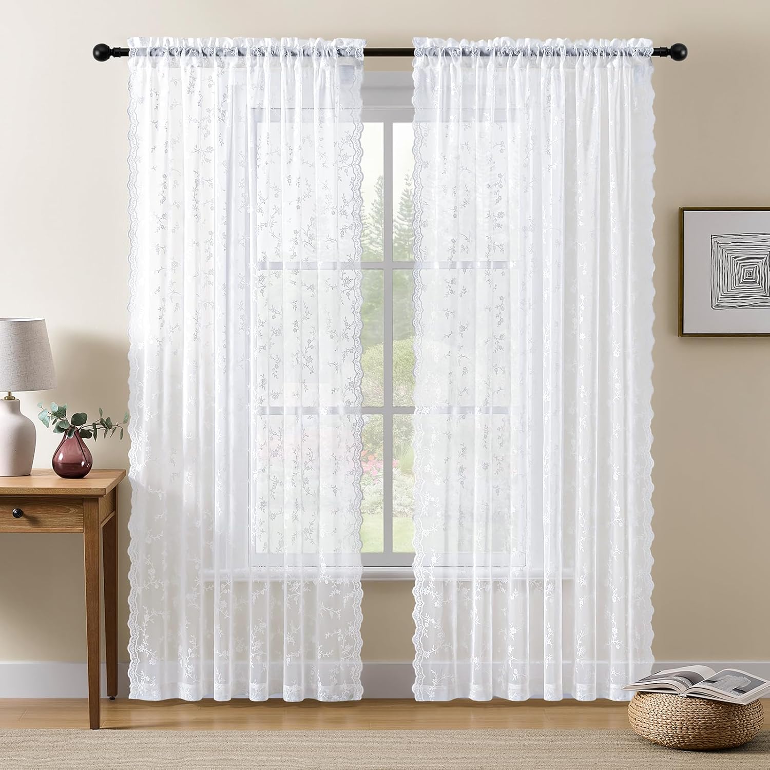 Sheer Lace Curtains 84 Inches Long, Vintage Floral Light Filtering White Lace Curtains for Living Room & Bedroom, Rod Pocket, 2 Panels Set, Branch Pattern (White, 52" W x 84" L)