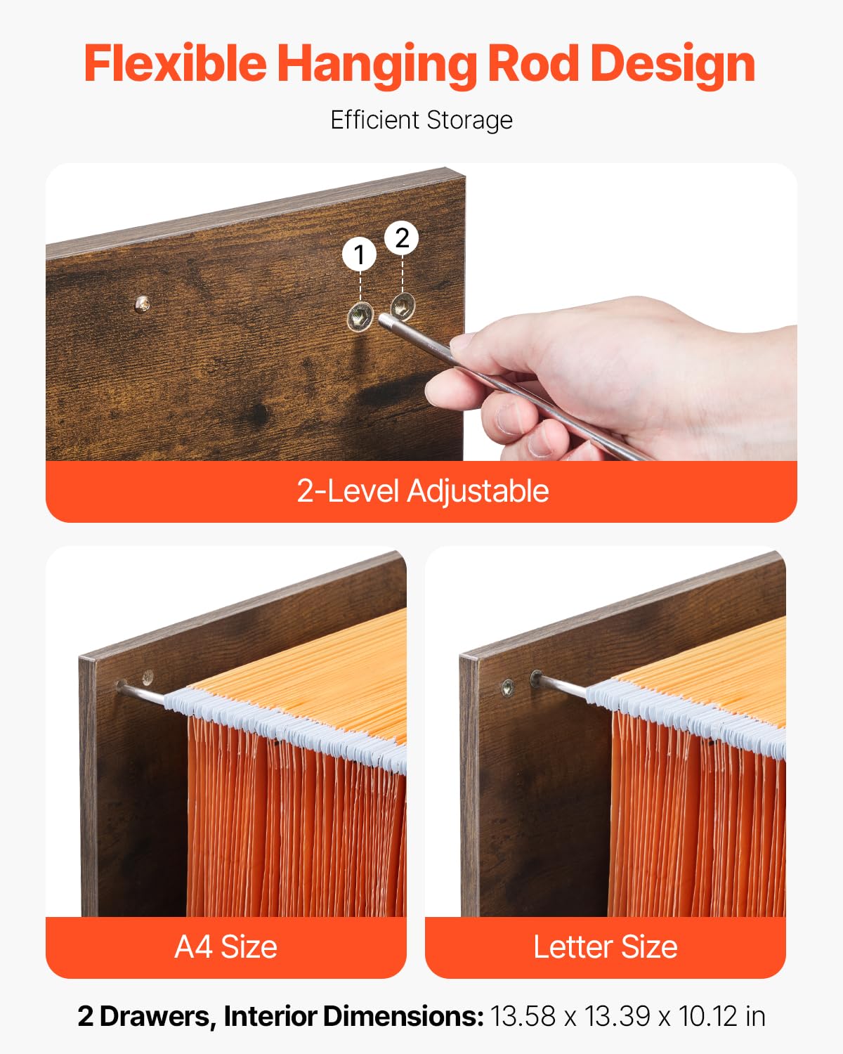 VEVOR Archivador Vertical, Archivador Vertical 450 x 400 x 687 mm de 2 Cajones con Barra de Suspensión Ajustable de 2 Niveles para Archivos de Tamaño A4/Carta/Legal para Oficina, Marrón Miel