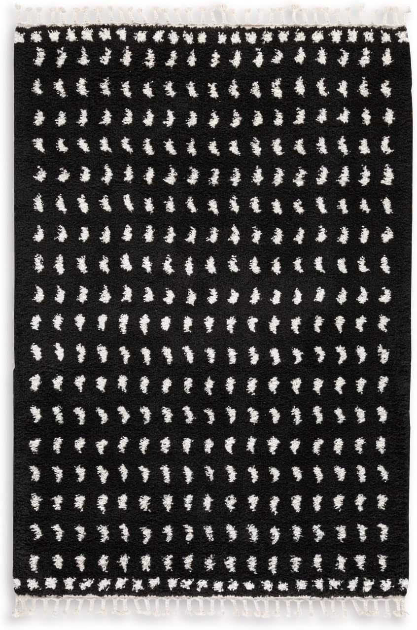 Signature Design by Ashley Minston Contemporary 5' x 7' Machine Woven Dot Design with Braided Tassel Edge Medium Area Rug, High Pile, Black & White