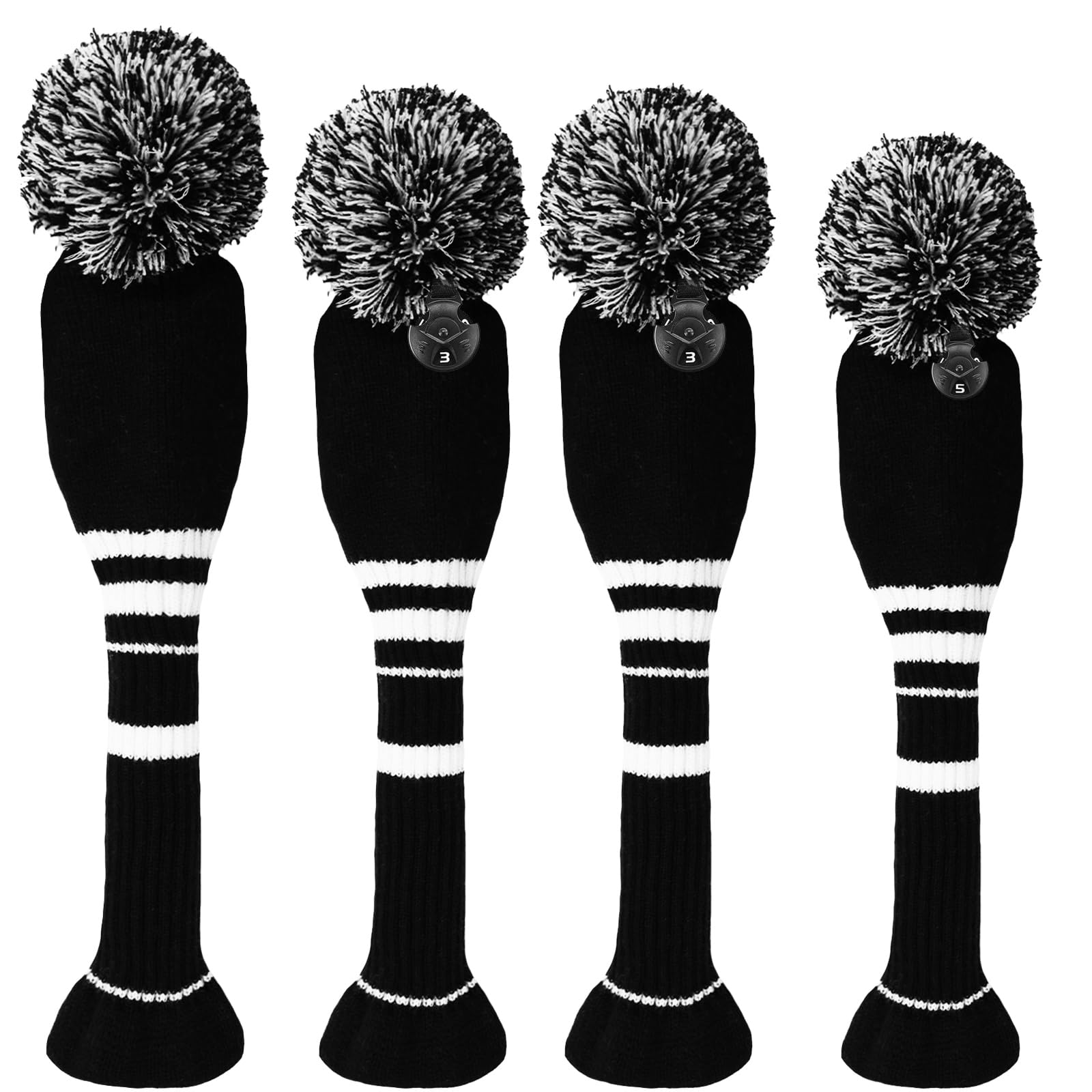 Set di 3 o 4 copritesta da golf con pompon per legno da 1, 3, 5, ibrido per campo da golf con etichetta numerata a maglia