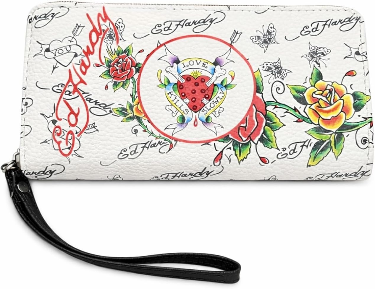 ED HARDY Women's Zip Around Wallet with Wrist Strap (Pink Pebbled)