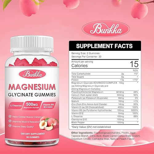Miniatura 6 de Paquete de 2 gomitas de glicinato de magnesio, glicinato de magnesio, 500 mg, suplemento de complejo de magnesio con potasio, vitamina D, B6 para