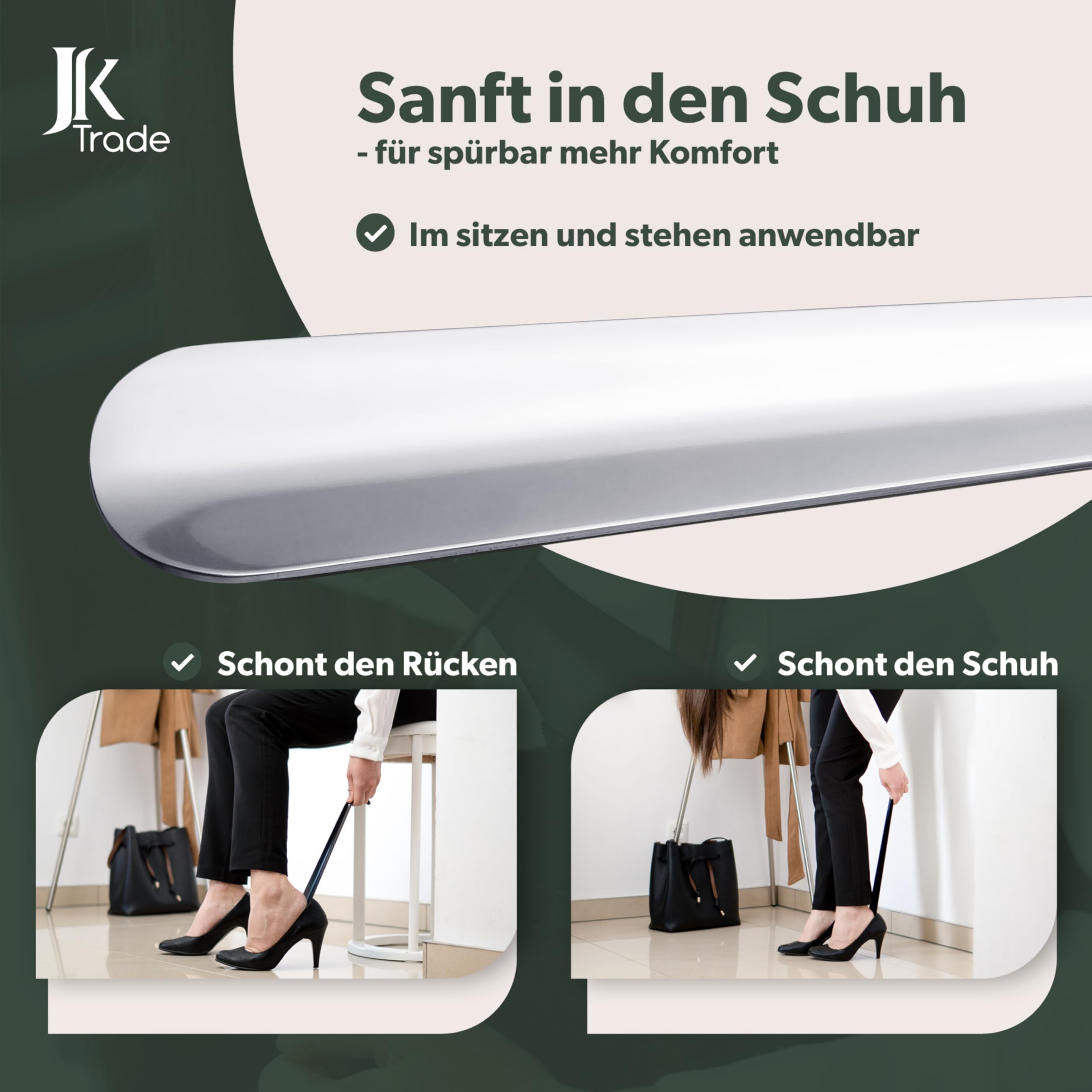JK Trade® 42cm STABILER Edelstahl Schuhlöffel Lang | 2mm polierter Metall Schuhanzieher Lang zum Stehen | Schnell & Einfach | optimierte Länge & Breite | Shoe Horn | Aufhängbar