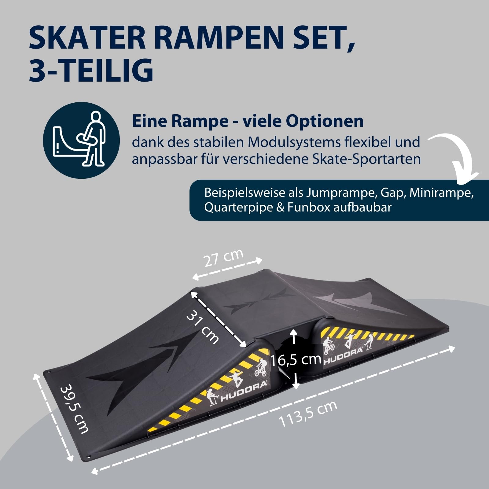 HUDORA Skaterrampe I 3-/5-teiliges Skateboard Rampenset für Hof & Garten I vielseitige Mini Skateboardrampe aus Kunststoff für Kinder & Jugendliche bis 60/80kg I Skatepark Equipment für Zuhause