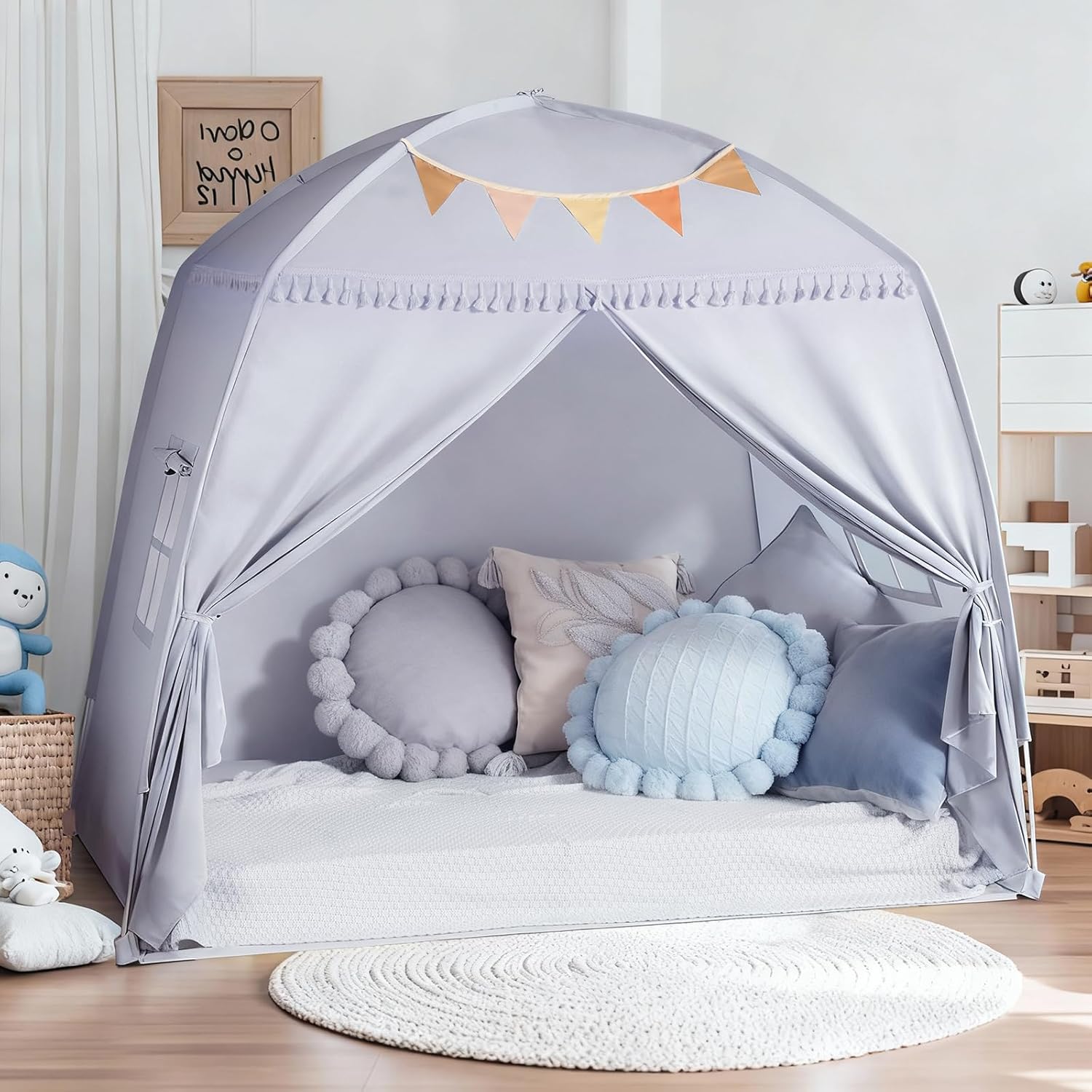 Sumbababy Large Teepee Tent for Kids: with Star Lights - Tent Indoor Kids Teepee Tent for Boys & Girls - Kids Play Tent Inside Canopy Bed for Playroom Gift Toys (Gray)