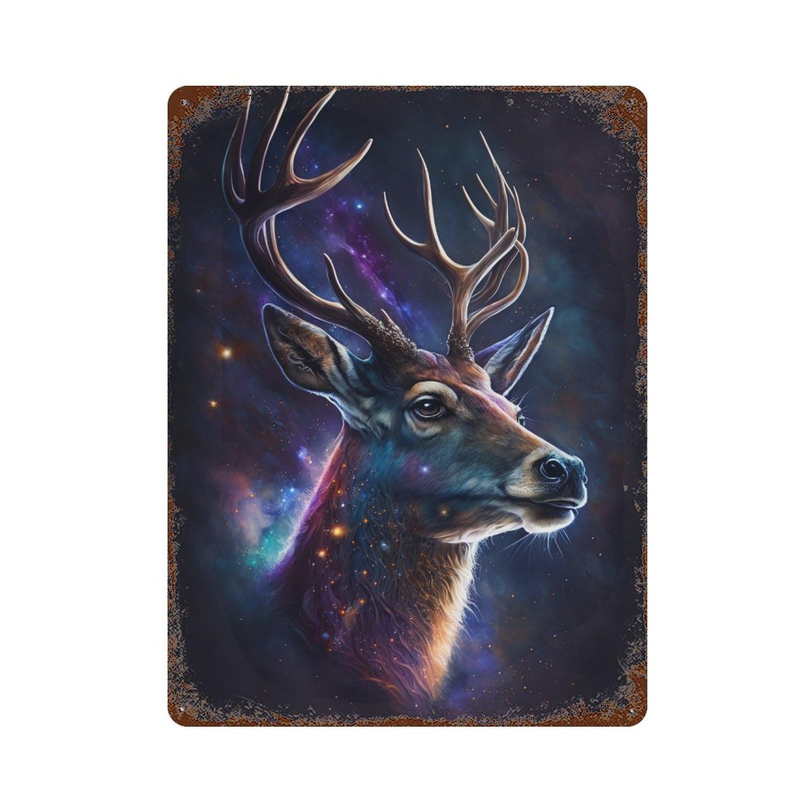 Garage Style Galactic Deer Portrait-3 Distressed Metal Wall Sign 15.7"x11.8", Farmhouse Wall Decor for Bar And Workshop