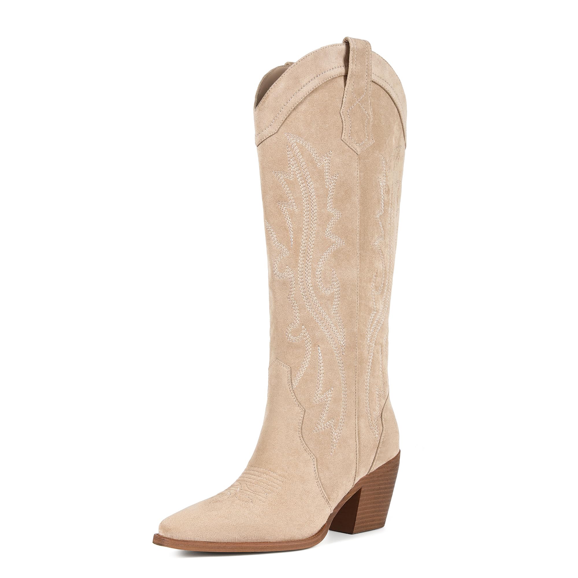 Suede Cowgirl Boots Women Knee High Boots Retro Pointed Toe Tall Block Heel Pull On Western Cowboy Boots