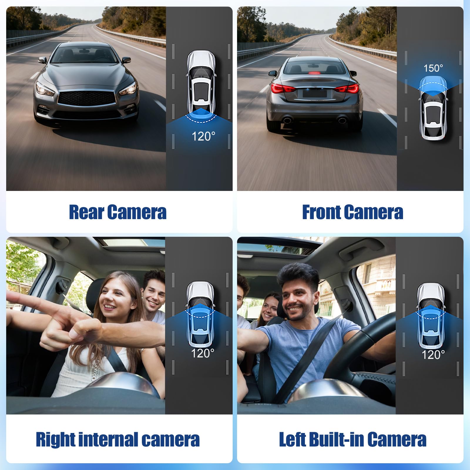 SIXTOP Dashcam Voiture 360 Degrés 4 Canaux, 1080P Caméra Embarquée Avant Intérieure Arrière avec Écran IPS 3 Pouces, Support Vision Nocturne/Surveillance 24H/Capteur G/Enregistrement Boucle