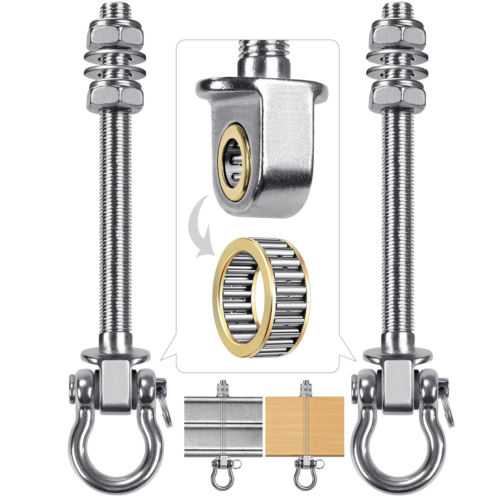 BeneLabel 2pcs Swing Hanger Bearing, 175mm Heavy Duty Hammock Hook M10 Hanging Chair Screw Eye Bolt Swivel Ceiling/Beam Mounting Bracket Kit for Yoga Rope/Aerial Hoop/Punching Bag/Sandbag,1500lbs — image 1