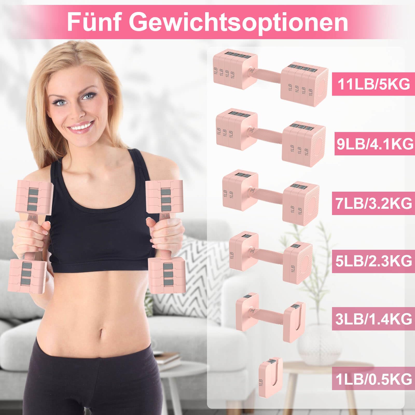 Tepemccu 5-in-1 Verstellbare Hanteln Set, 1,4–5kg Hanteln Frauen mit rutschfestem Griff und Sicherheitsverschluss, Kurzhanteln 2er Set für Frauen und Männer - Heimstudio-Set für Krafttraining