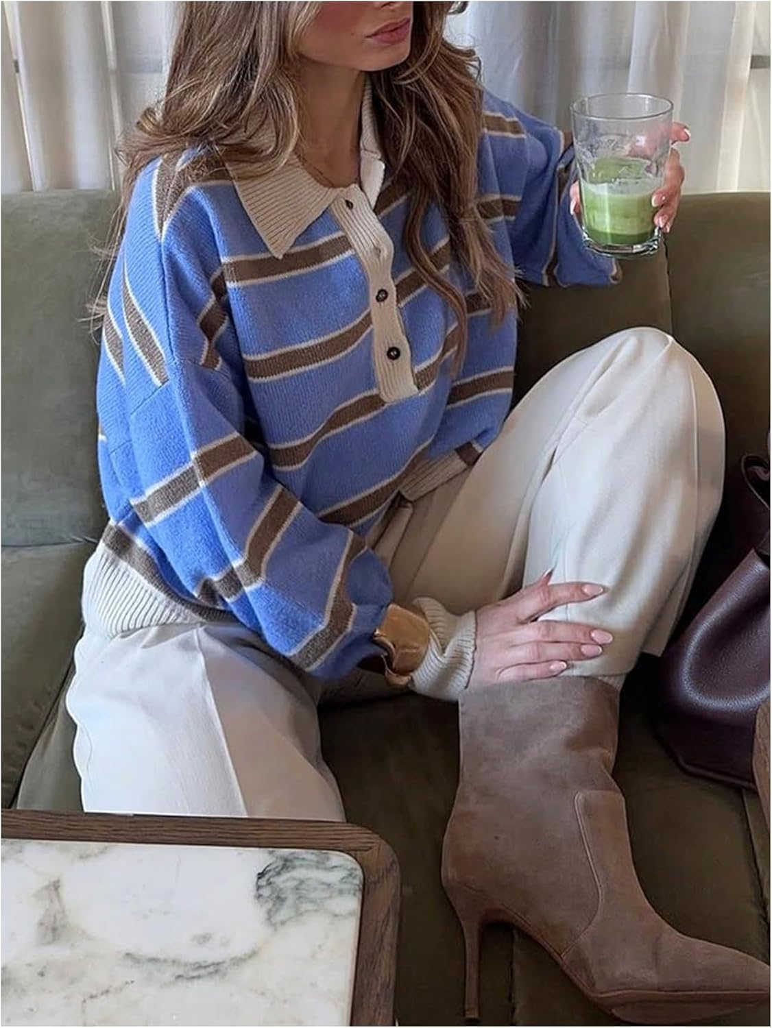 MakeMeChic Women's Striped Rugby Shirt Button Down Long Sleeve Preppy Sweater Knit Winter Pullover - Image 2