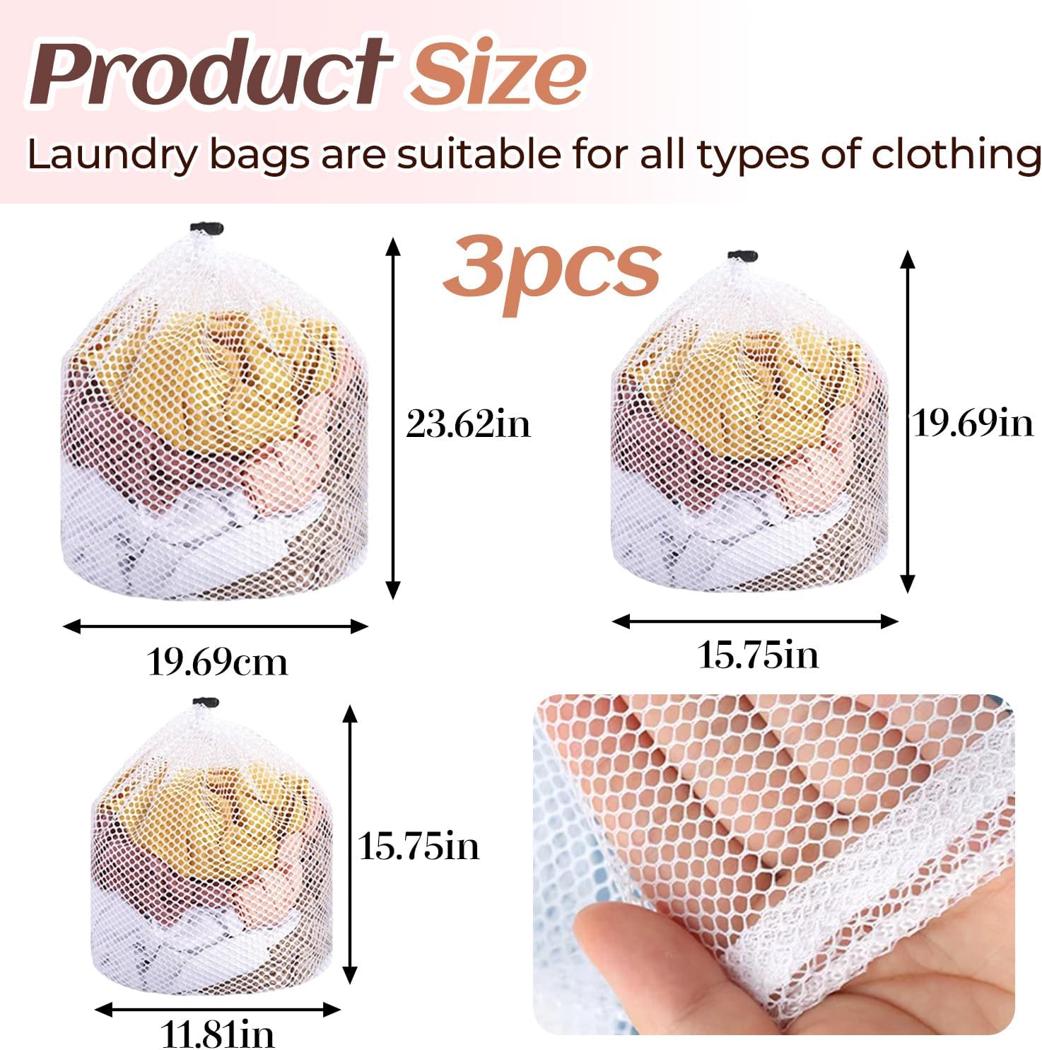 3 Pcs Mesh Laundry Bags for Socks, Drawstring Wash Bags for Delicates, Machine Washable Travel Laundry Organizer, Coarse Mesh 12x16in + 16x20in + 20x24in