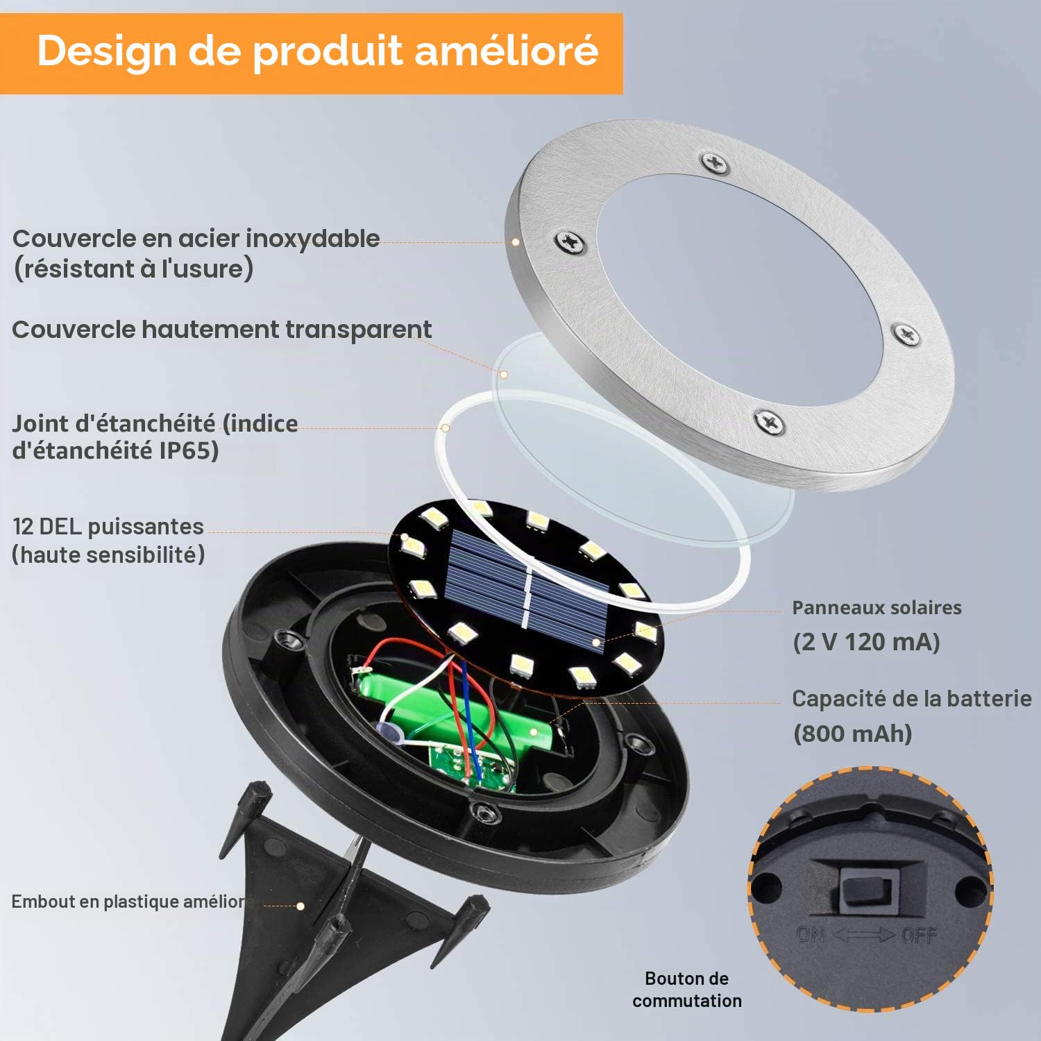 Lot de 12 lampes solaires d'extérieur - 12 LED - 800 mAh - Avec panneau solaire mis à niveau - Lampe de jardin - Spot décoratif pour pelouse, trottoir, piscine, terrasse (blanc froid)