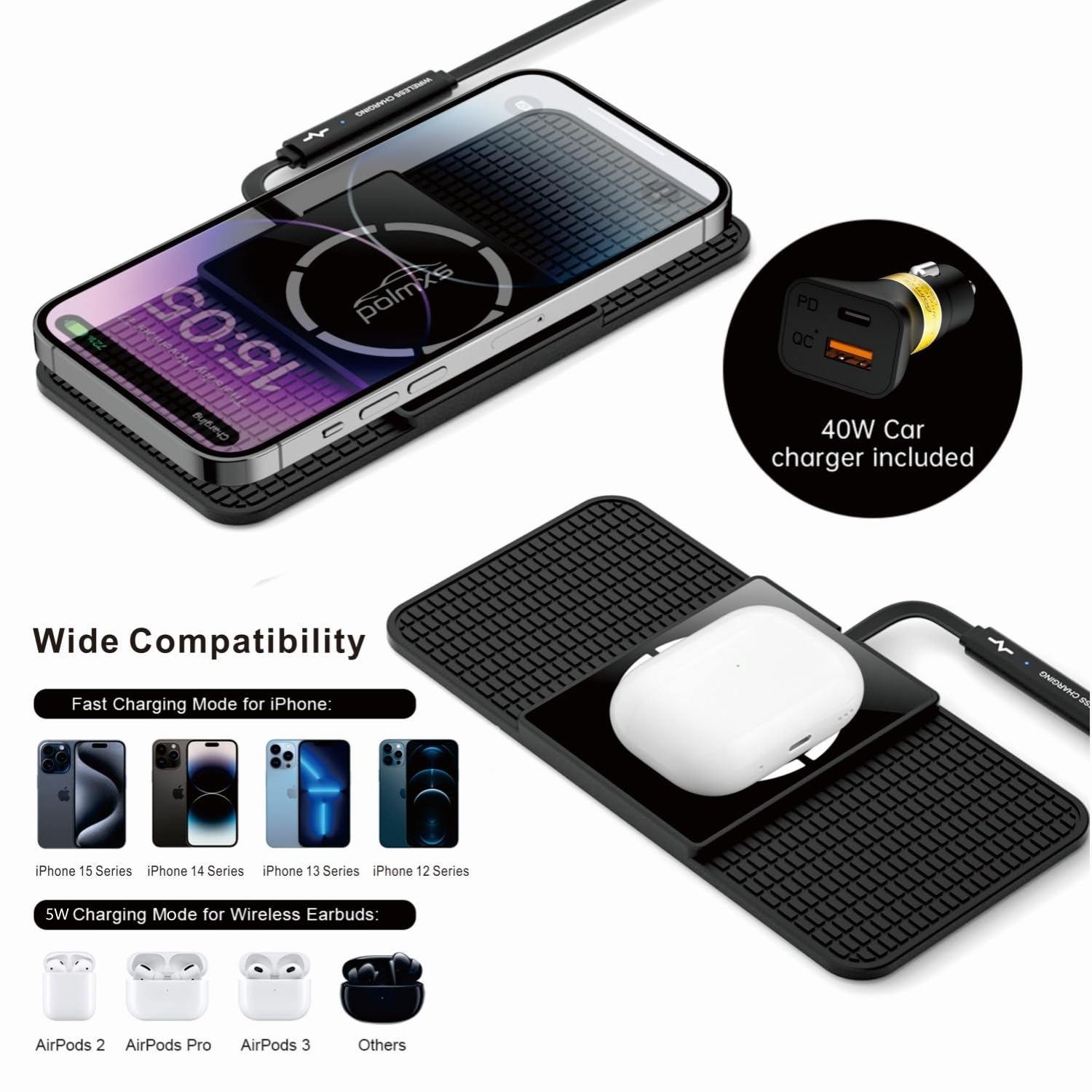 Tappetino Ricarica Wireless Magnetico Auto, Polmxs 15W Compatibile Con Caricatore MagSafe Tappetino Antiscivolo Tipo C Con Caricatore Auto Da 40W per iPhone 16/15/14/13/12 (Cavo da 1 metro)