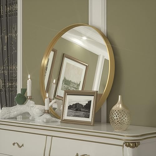 Espejo redondo dorado para pared, espejo de baño circular de 24 pulgadas, espejo de pared de baño redondo con textura acanalada, espejo de pared