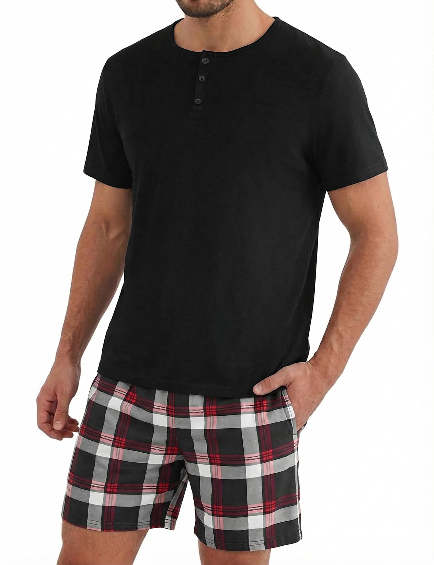 Uniexcosm Schlafanzug Herren Kurz Pyjama Set Baumwolle Zweiteiliger Kurzarm Nachtwäsche Oberteil und Karierte Kurze Hosen Sleepwear für Sommer