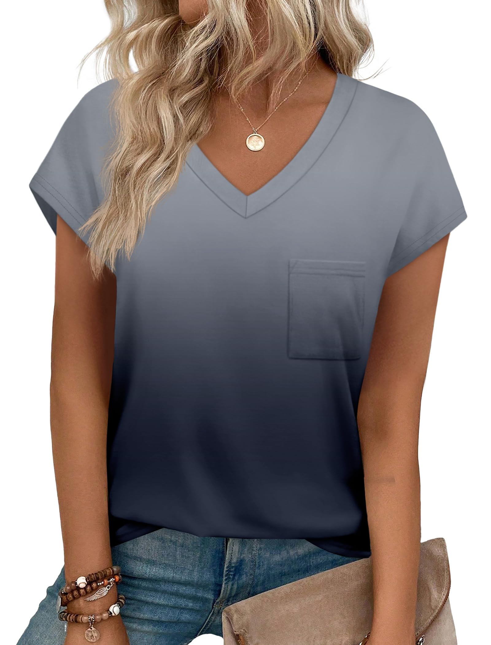 SAMPEEL Womens T Shirts V Neck Cap Short Sleeve Summer Tops Trendy 2025 Loose Casual Tshirts with Pocket