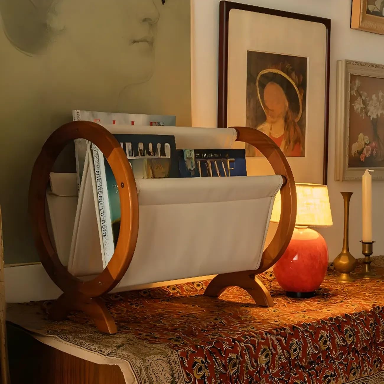 Brown Wooden Round Shape Book Stand with Fabric Storage Rack Modern Home Book Shelf Organizer for Living Room Bedroom and Study-picture-10