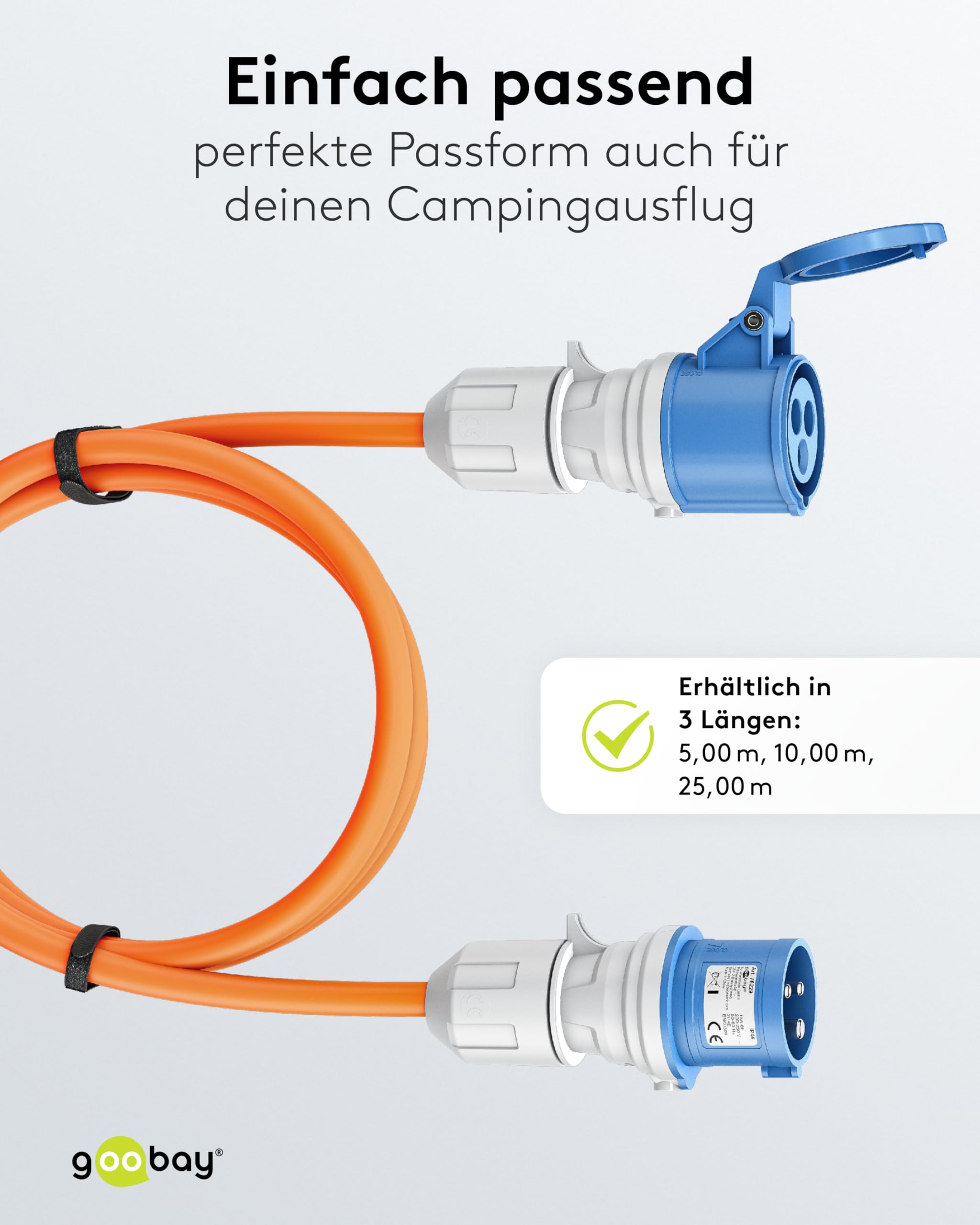 goobay CEE-Verlängerungskabel für Wohnwagen, 25m, CEE-Stecker auf CEE-Buchse mit Verschlusskappe, IP44, Kabel für Camping, Wohnmobil und Wohnwagen, 76230