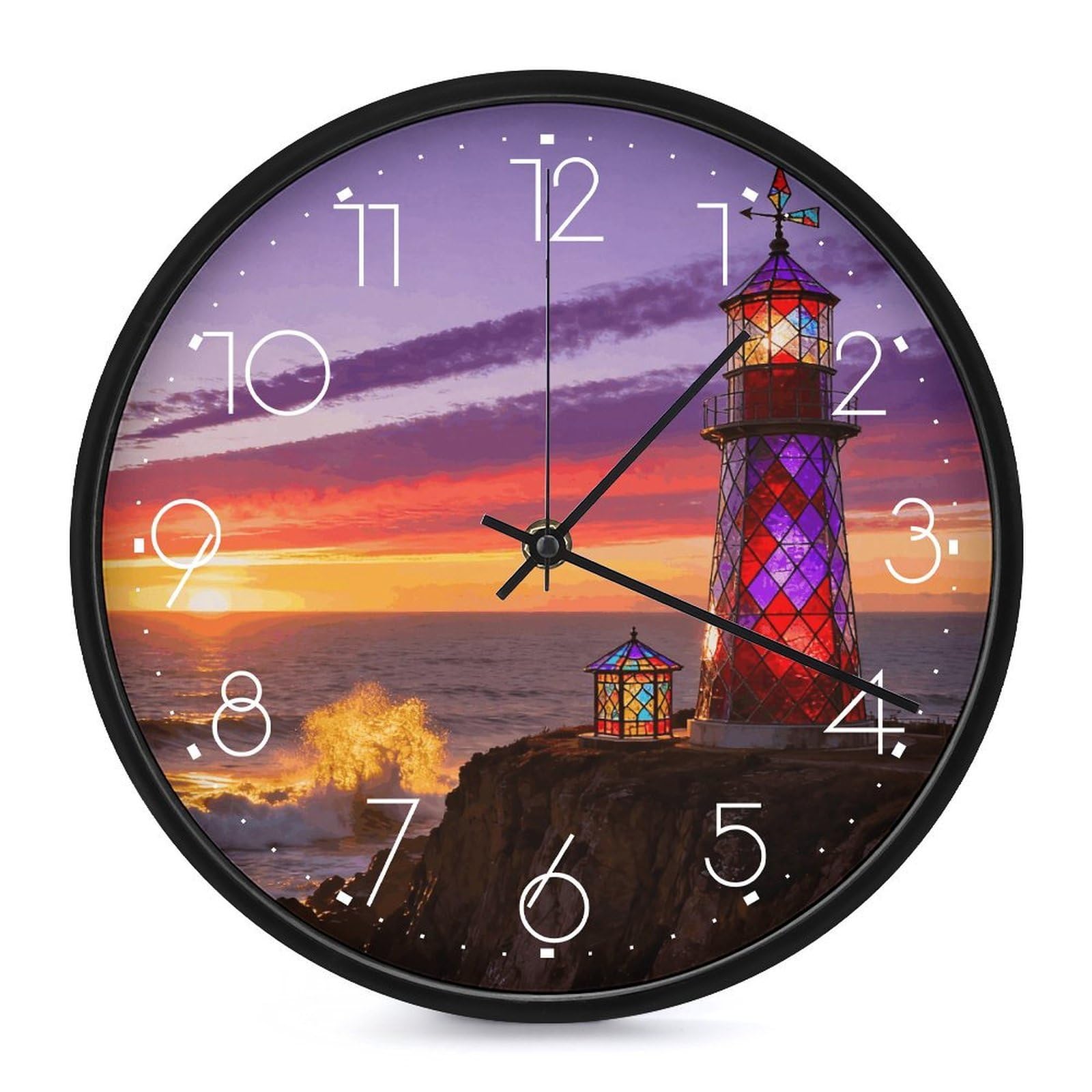 DWVTSLH Stained Glass Lighthouse Wall Clock 10 Inch Silent Non-Ticking Modern Clocks Battery Operated - Decorative Wall Clocks for Bedroom Living Room Kitchen Office Wall Decor Gift Idea