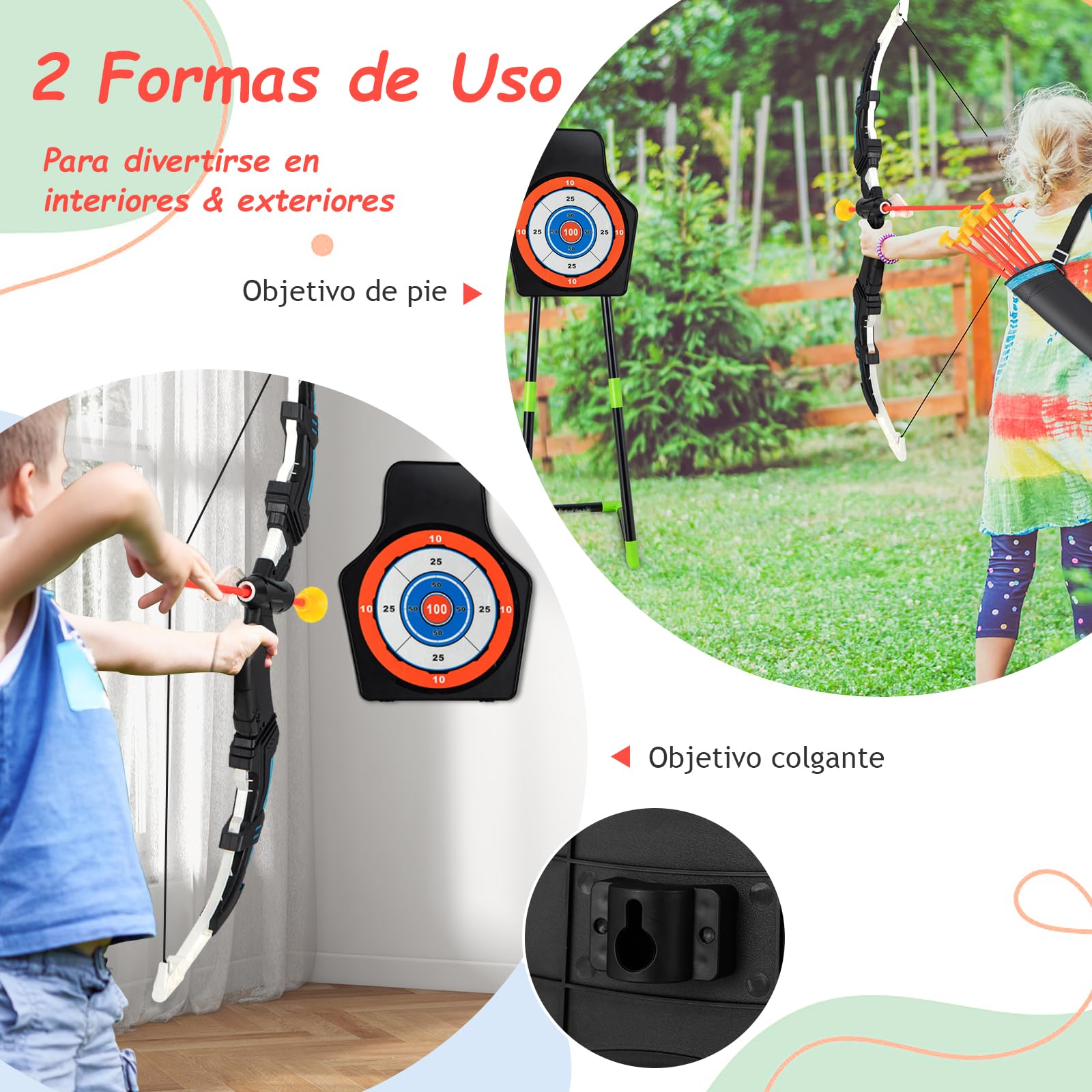 GOPLUS Juego de Arcos y Flechas para Niños, Set de Tiro con Arco LED con 20 Flechas con Ventosa, 2 Carcajs, Diana Desmontable, Set de Tiro al Aire Libre para Niños de 3 a 12 Años