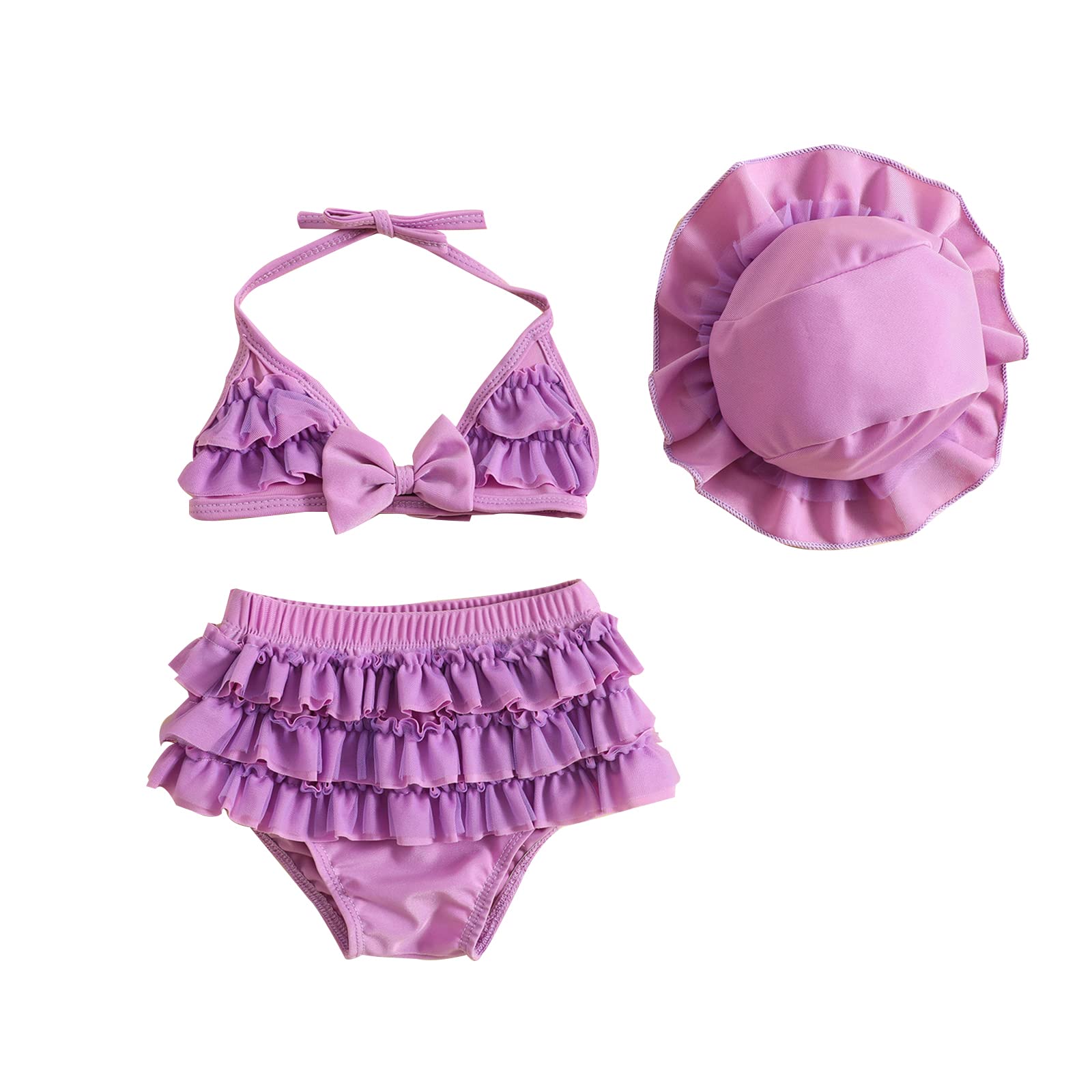 Infant Girls Ruffle Hawaii Swimsuit Baby Girl Bikini Sets Toddler 3 Piece Bathing Suit with Hat Kids Swimwear Beach Set (C-Purple, 6-12 Months)