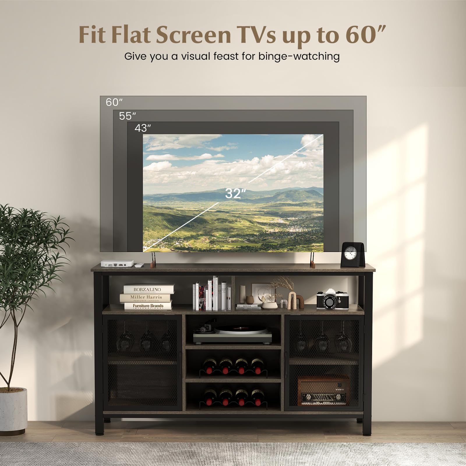 GIANTEX Credenza da Buffet, Mobilellto da Cucina con Portabottiglie e Portabicchieri, Porta TV per TV fino a 60" con 2 Armadietti con Anta, 3 Ripiani e 2 Scomparti Aperti, Nero/Grigio(Grigio)