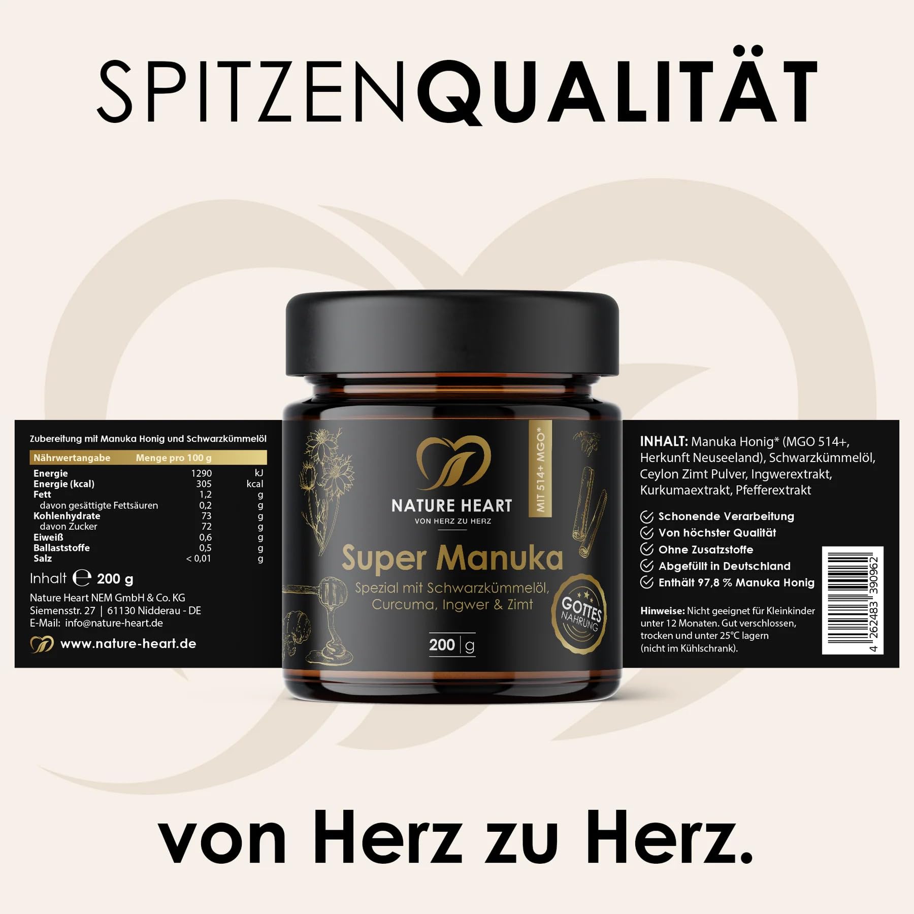 Nature Heart 4x Super Manuka Honig MGO 514+ mit Schwarzkümmelöl | Ceylon Zimt, Ingwer-, Kurkuma- & Pfefferextrakt | 100% Neuseeland | Unabhängig geprüft