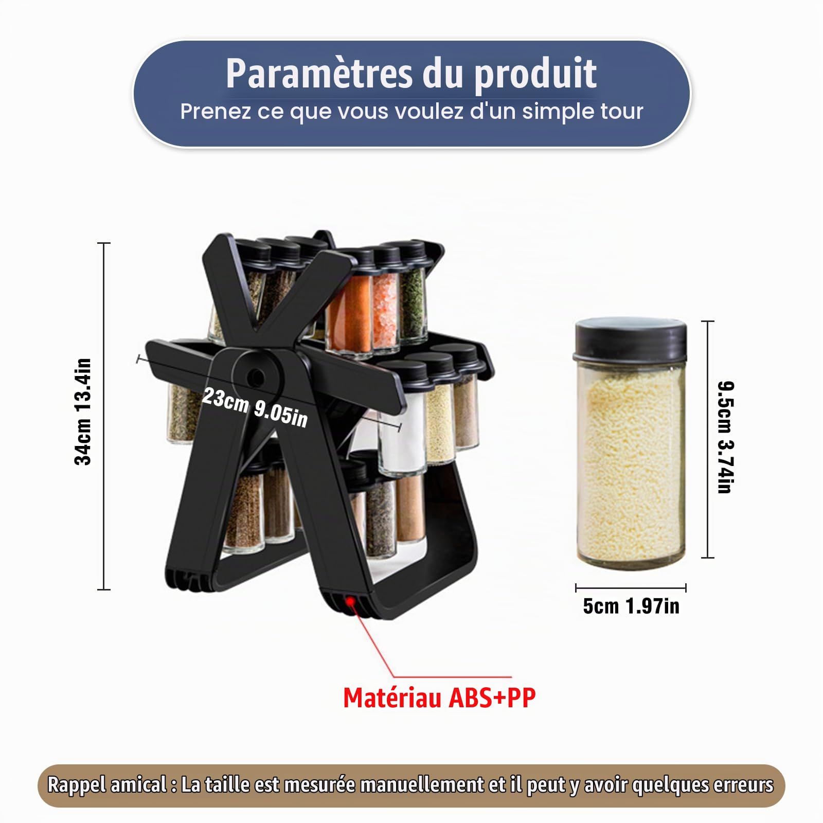 ÉtagèRe à éPices,Carrousel à Épices, Tourniquet à Épices Pivotant à 360 DegréS avec 18 Pots à éPices, MatéRiau Abs, Adapté aux Environnements de Cuisine, 26 X 23 X 34cm, Noir